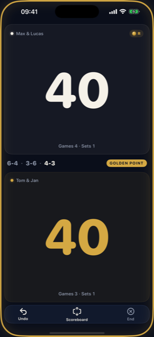 iPhone scoring screen with two tap zones at golden point