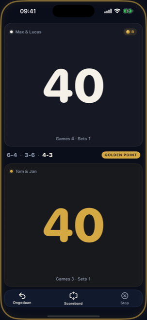 iPhone scoring screen with two tap zones at golden point